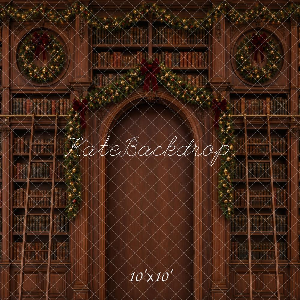 Kate Christmas Library Bookshelves Garland Printed Backdrop Designed by Vertigo Productions