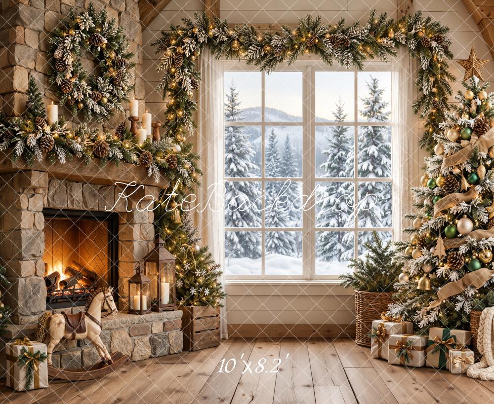 Kate Christmas Fireplace Rustic Stone Christmas Tree Snowy Window Printed Backdrop Designed by Emetselch
