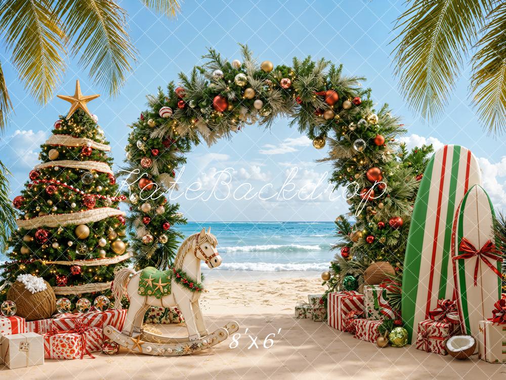 Kate Christmas Beach Tree Pine Arch Surfboard Rocking Horse Printed Backdrop Designed by Emetselch
