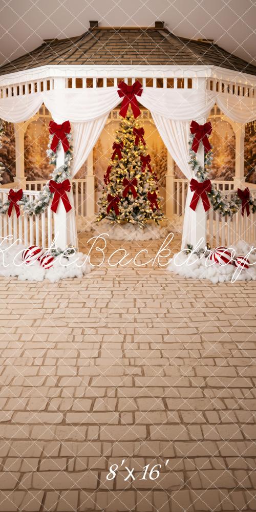 Kate Sweep Christmas Gazebo Tree Red Bows Cobblestone Printed Backdrop Designed by Patty Roberts