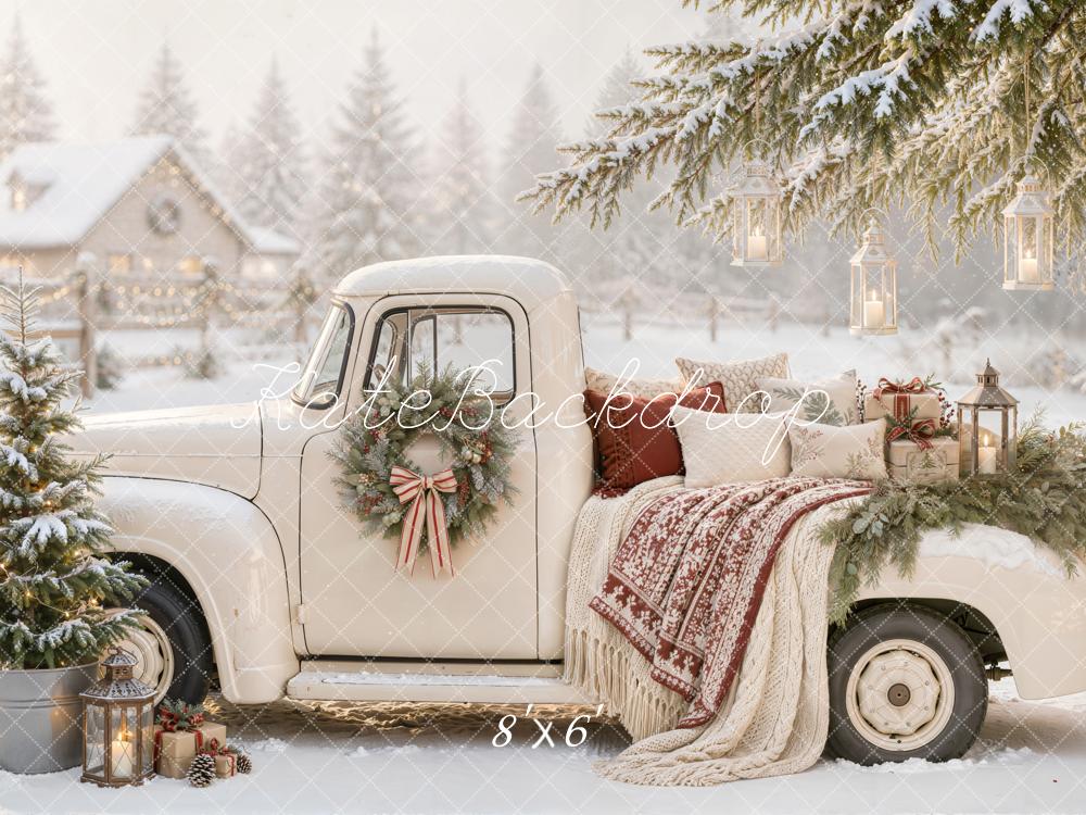 Kate Christmas Countryside Vintage White Truck Snowy Lanterns Blanket Printed Backdrop Designed by Emetselch