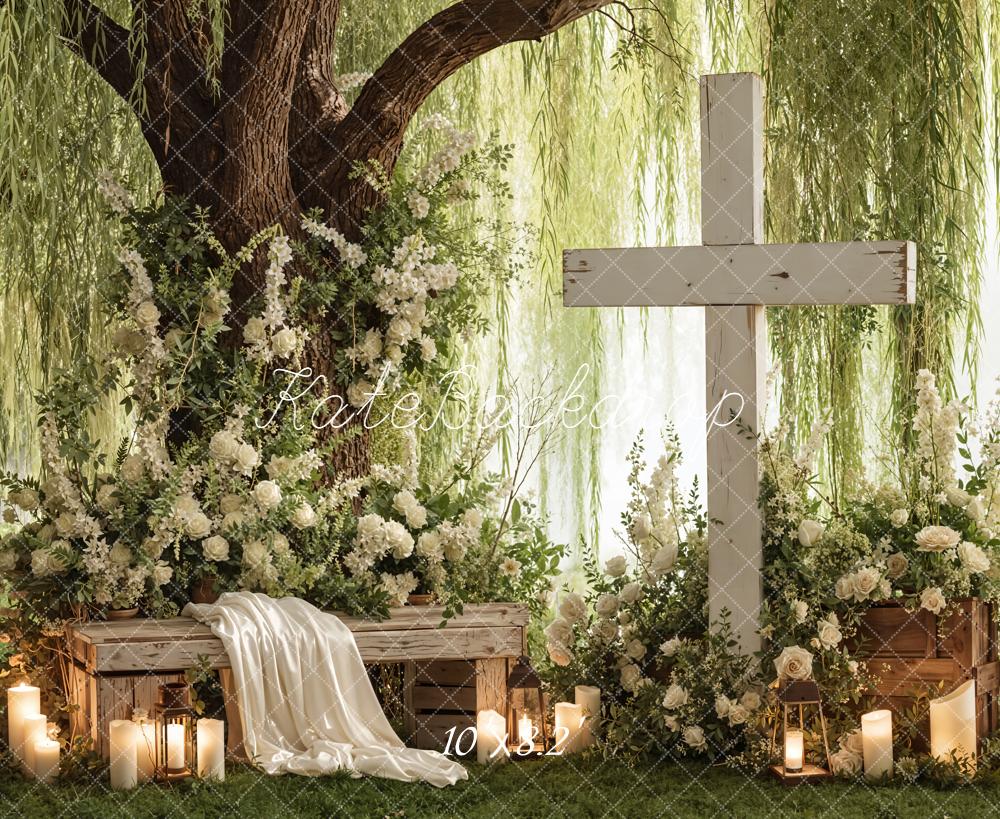 Kate Spring Cross Floral Bench Candles and Willow Tree Backdrop Designed by Emetselch
