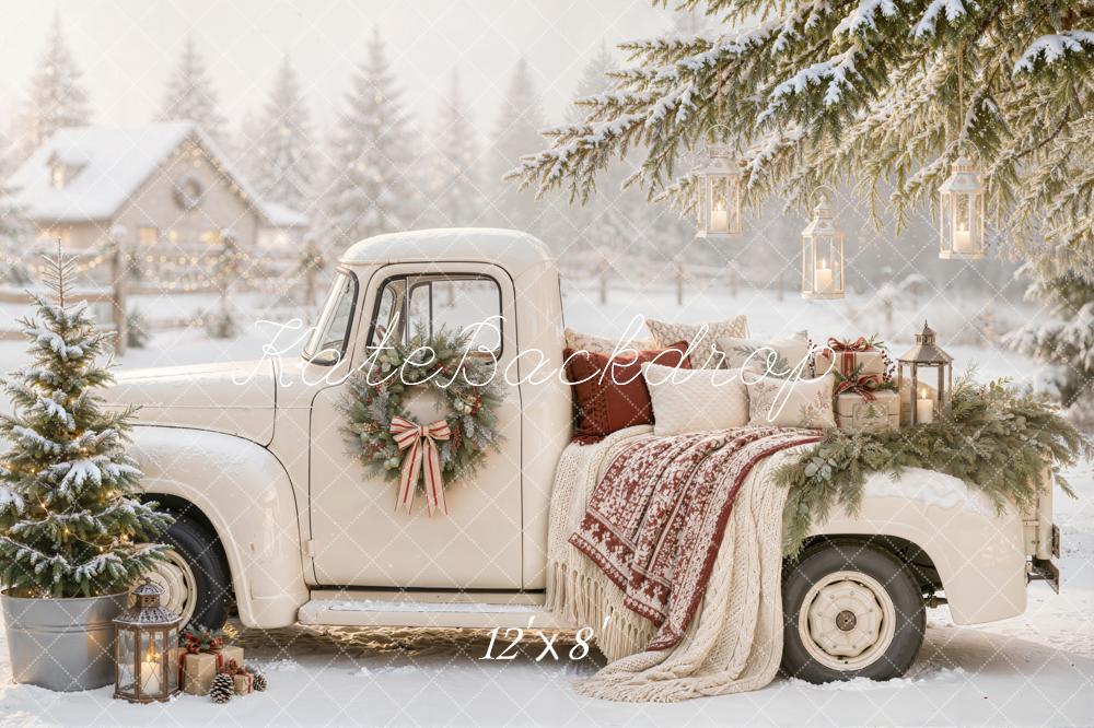 Kate Christmas Countryside Vintage White Truck Snowy Lanterns Blanket Printed Backdrop Designed by Emetselch