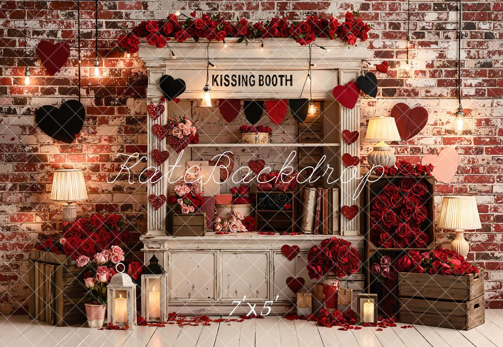 Kate Valentine's Day Kissing Booth Red Roses Brick Wall Backdrop Designed by Emetselch
