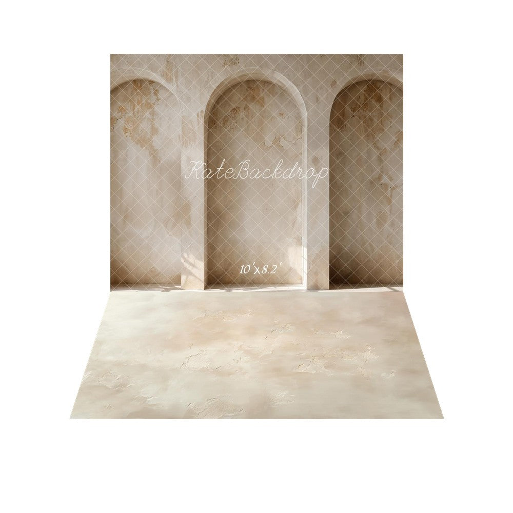 Kate Vintage Arched Alcove Wall Printed Backdrop+Beige Abstract Texture Printed Floor Backdrop