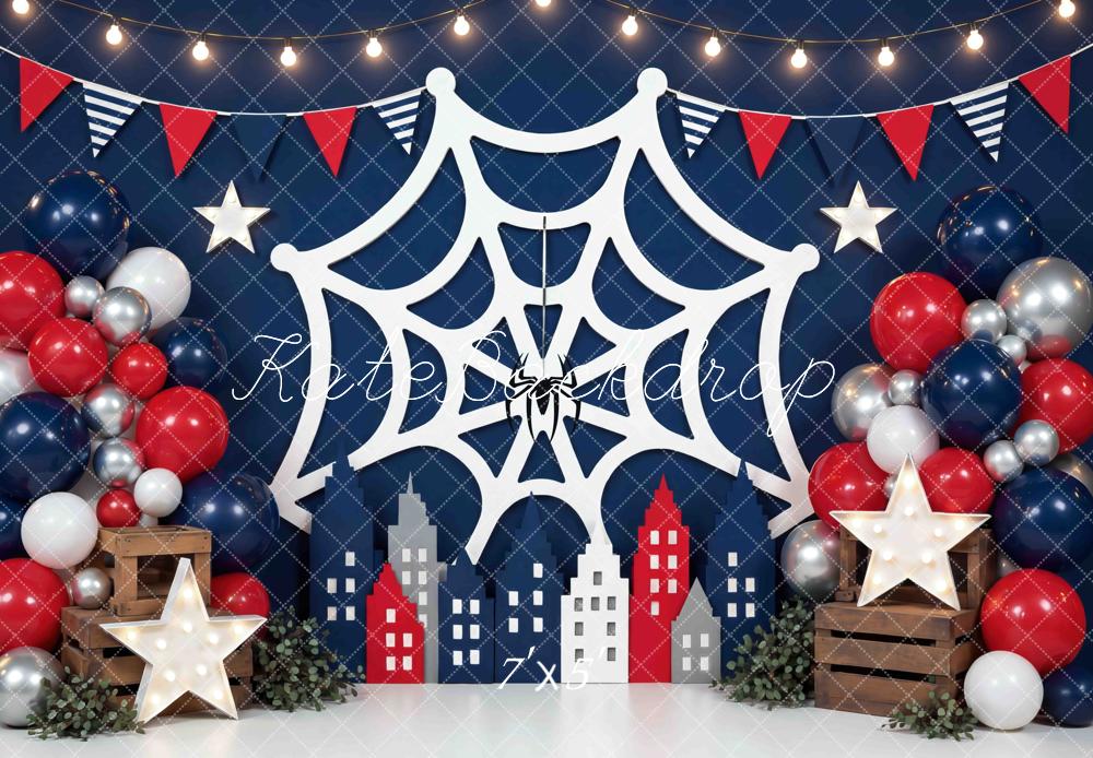 Kate Superhero Spider Web Cityscape Balloons Stars Bunting Printed Backdrop Designed by Mini MakeBelieve