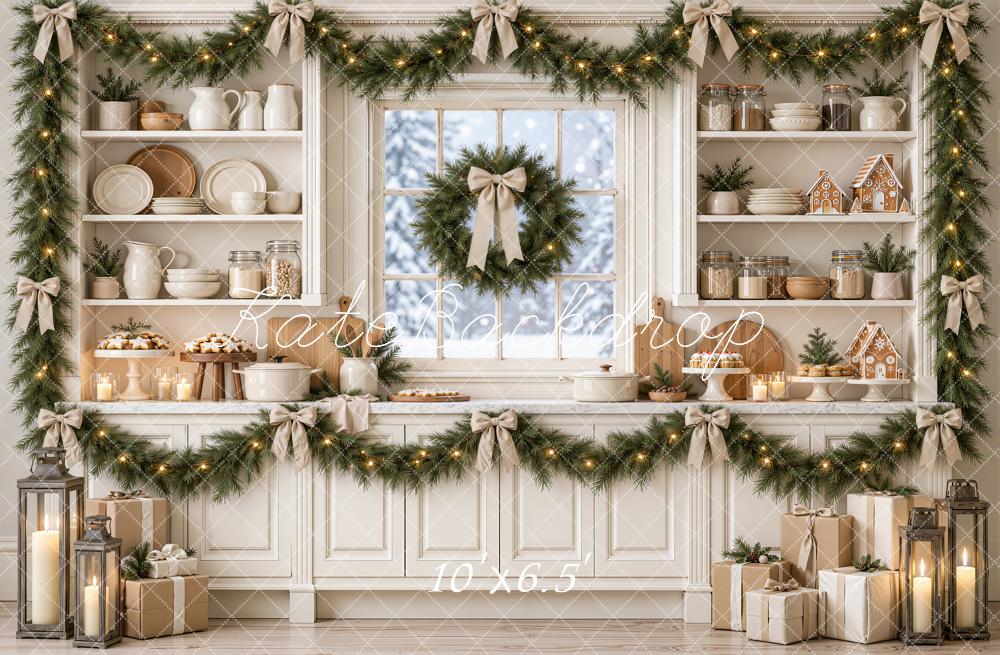 Kate Christmas Kitchen Garland Wreath Gingerbread Baking White Printed Backdrop Designed by Emetselch