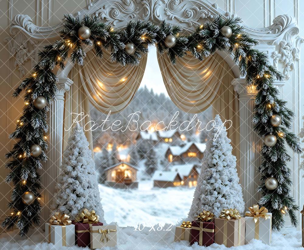 Kate Christmas Retro Arch Garland Snow Trees Winter Village Backdrop Designed by Mini MakeBelieve