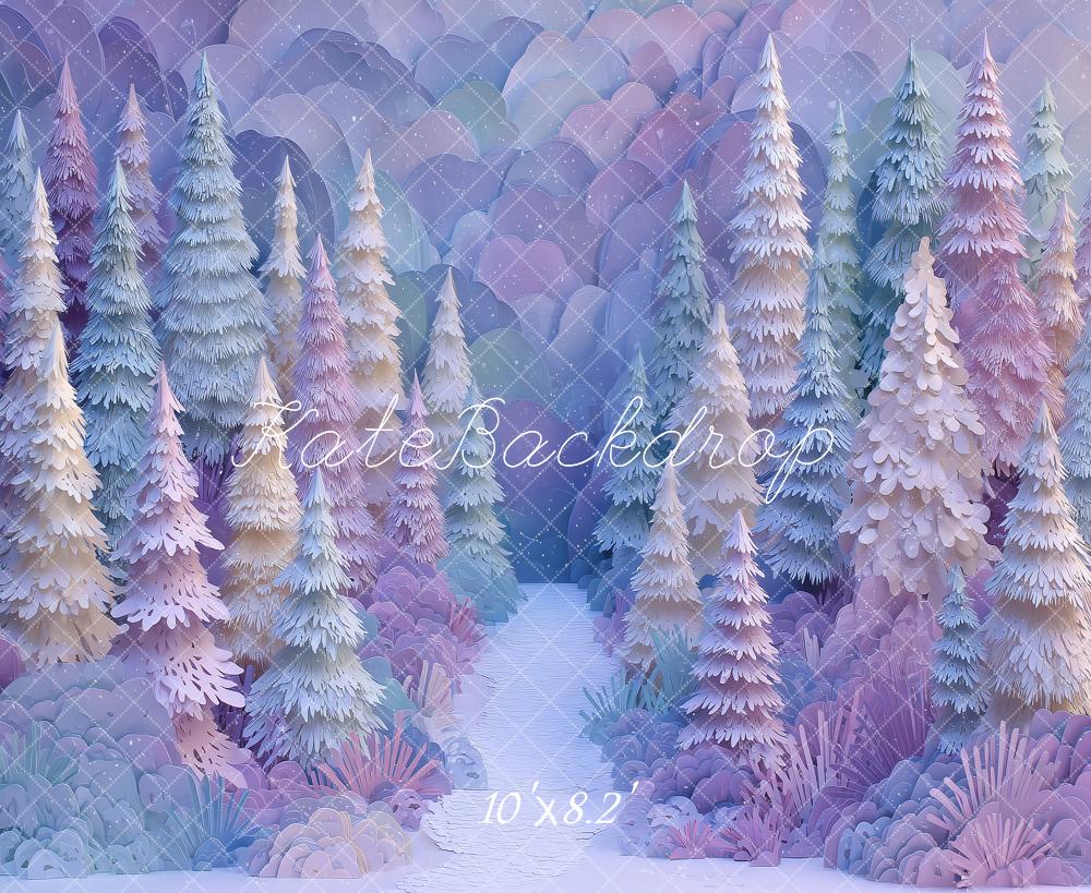 Kate Layered Paper Christmas Trees Purple Pink Printed Backdrop Designed by Angela Miller