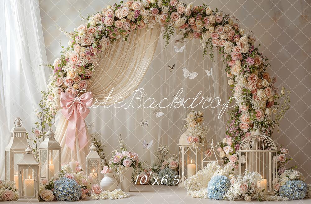 Kate Spring Flower Arch Butterflies Lanterns Birdcage Drapes Printed Backdrop Designed by Emetselch