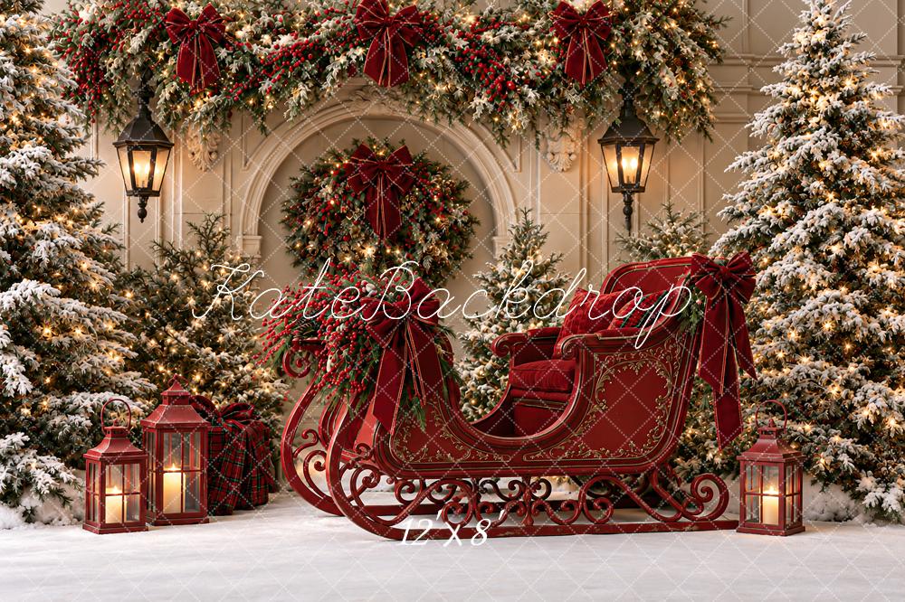 Kate Christmas Red Sleigh Snowy Trees Garland Arch Printed Backdrop Designed by Angela Miller