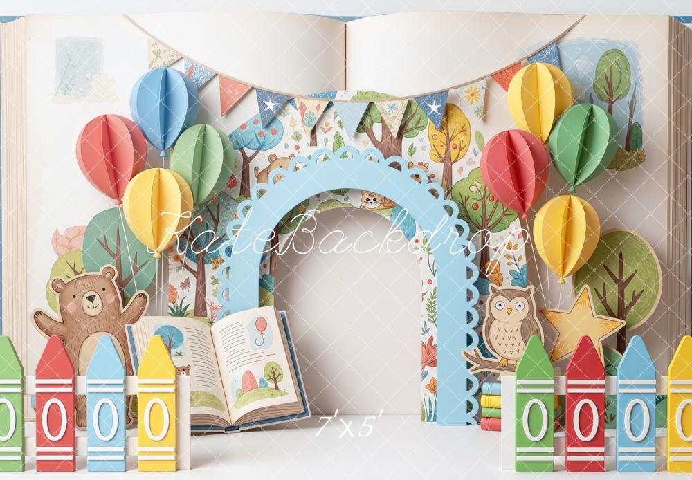 Kate Back to School Crayon Paper Balloons Arch Animals Storybook Printed Backdrop Designed by Mini MakeBelieve