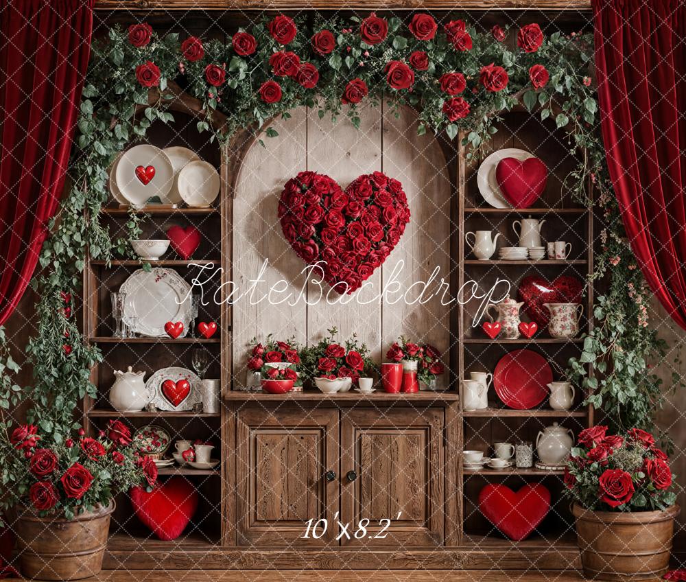 Kate Valentines Red Roses Heart Rustic Cabinet Curtains Backdrop Designed by Emetselch