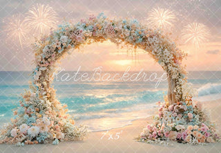 Kate Beach Sunset Flower Arch  Fireworks Printed Backdrop Designed by Mini MakeBelieve