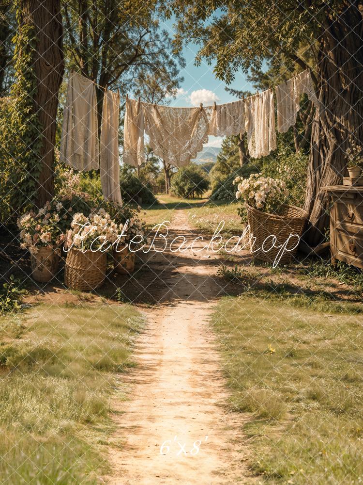 Kate Summer Country Path Laundry Clothesline Floral Baskets Backdrop Designed by Emetselch