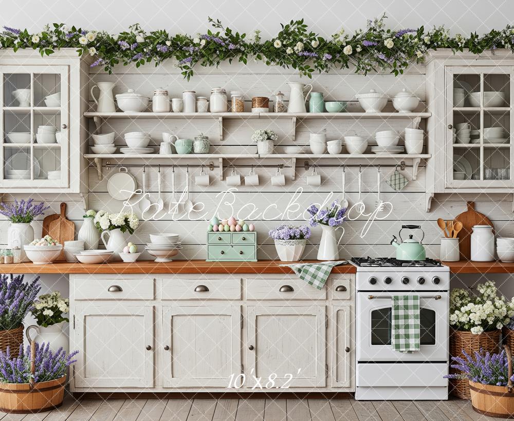 Kate Vintage Kitchen Cabinets Lavender Flowers Backdrop Designed by Patty Roberts