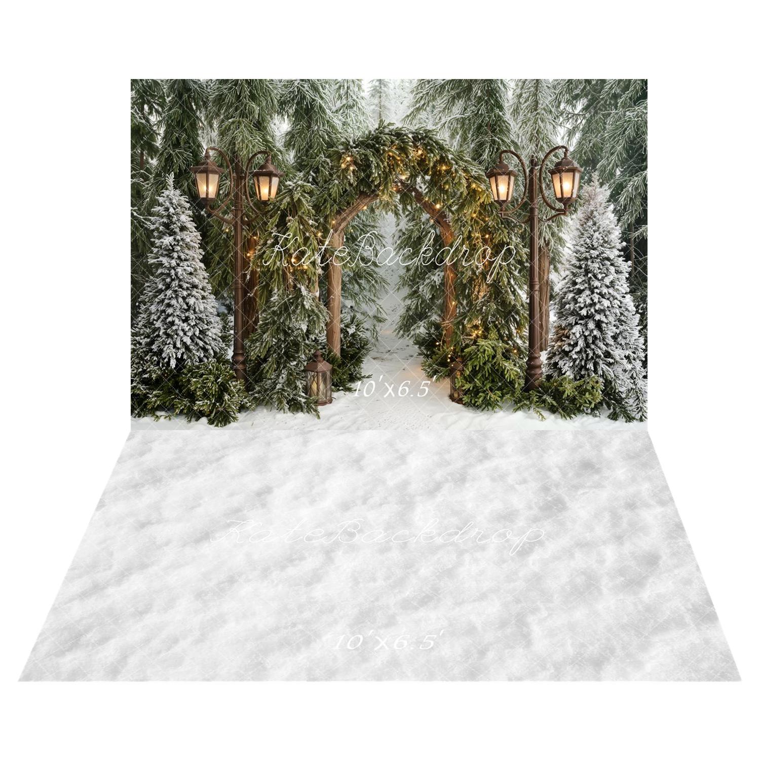 Kate Winter Arch Snowy Pine Trees Lanterns Backdrop+White Snow Abstract Texture Backdrop