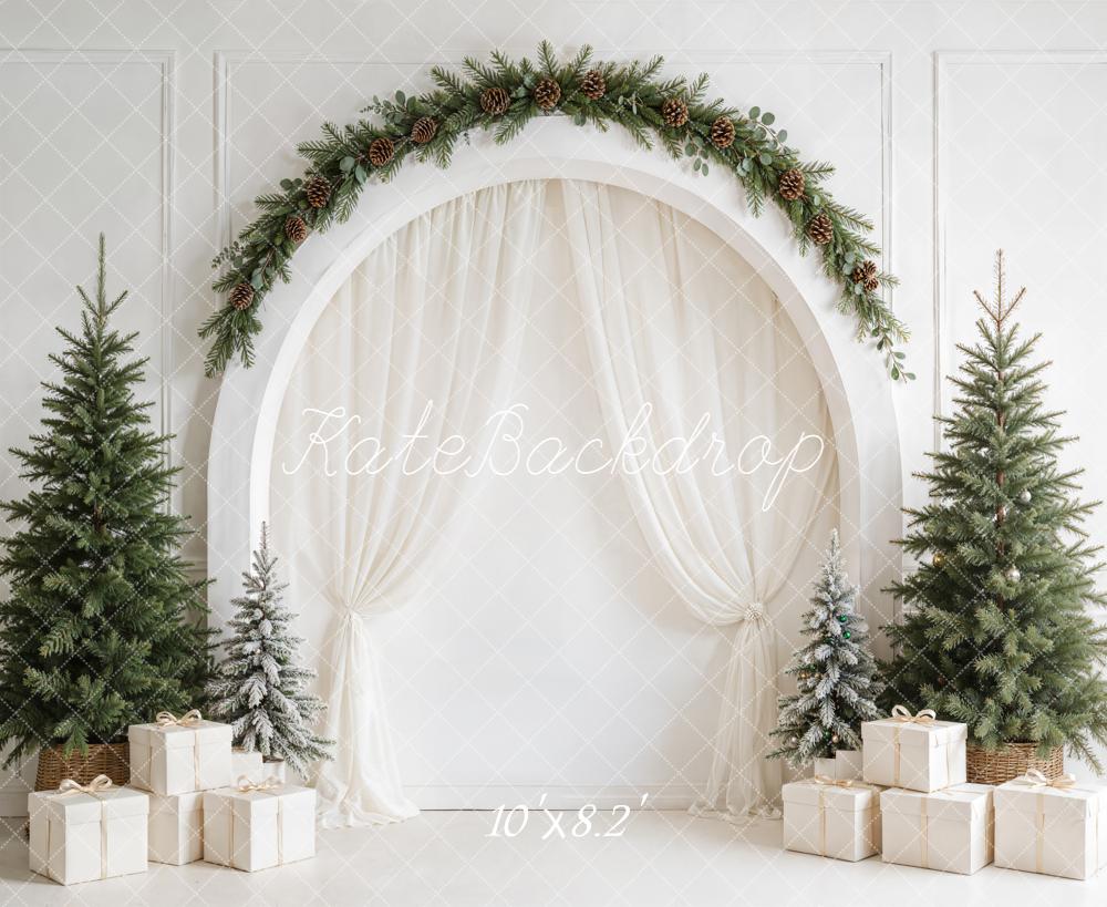 Kate Christmas Minimalist White Arched Wall Pine Tree Gift Printed Backdrop Designed by Emetselch