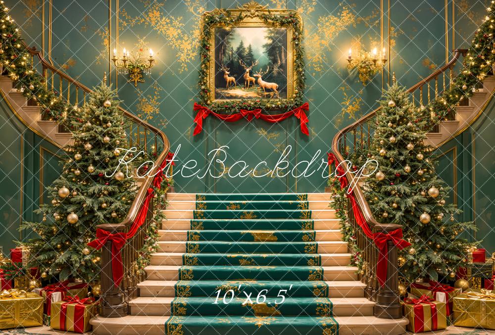 Kate Christmas Cascading Stairs Trees Painting Backdrop Designed by Emetselch