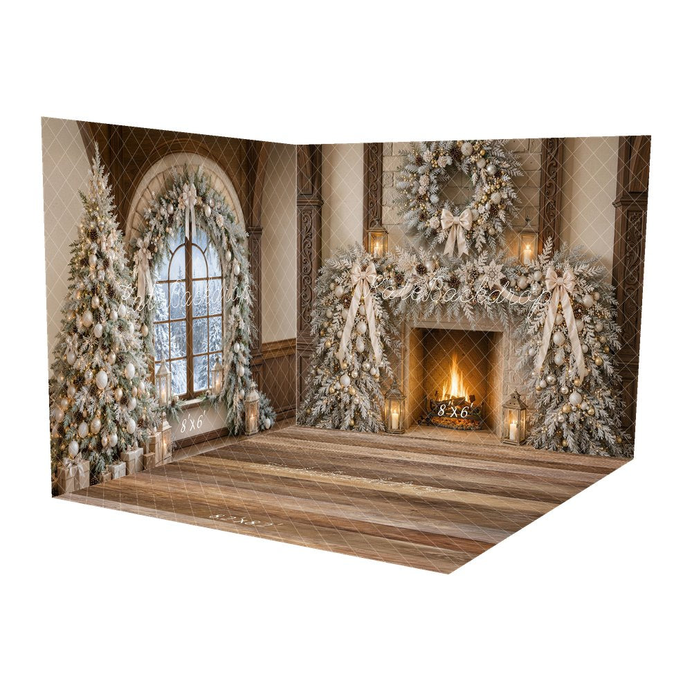 Kate Christmas Fireplace Garland Wreath Window Lanterns Printed Backdrop Room Set