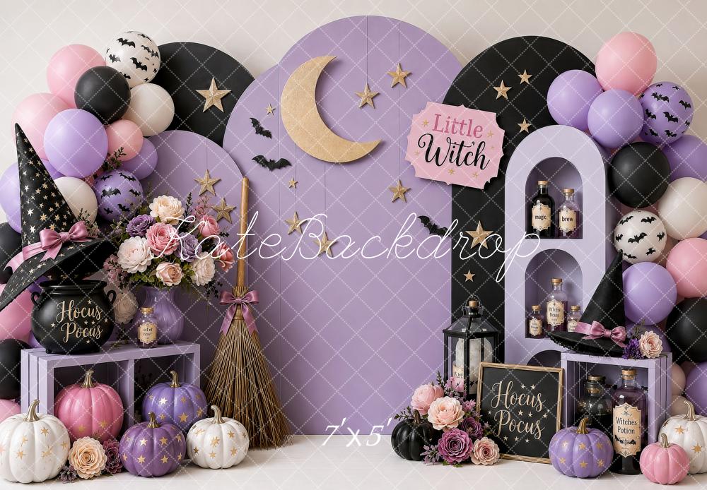 Kate Halloween Birthday Witch Hat Purple Moon Pumpkins Balloons Printed Backdrop Designed by Shutter Swan Studios