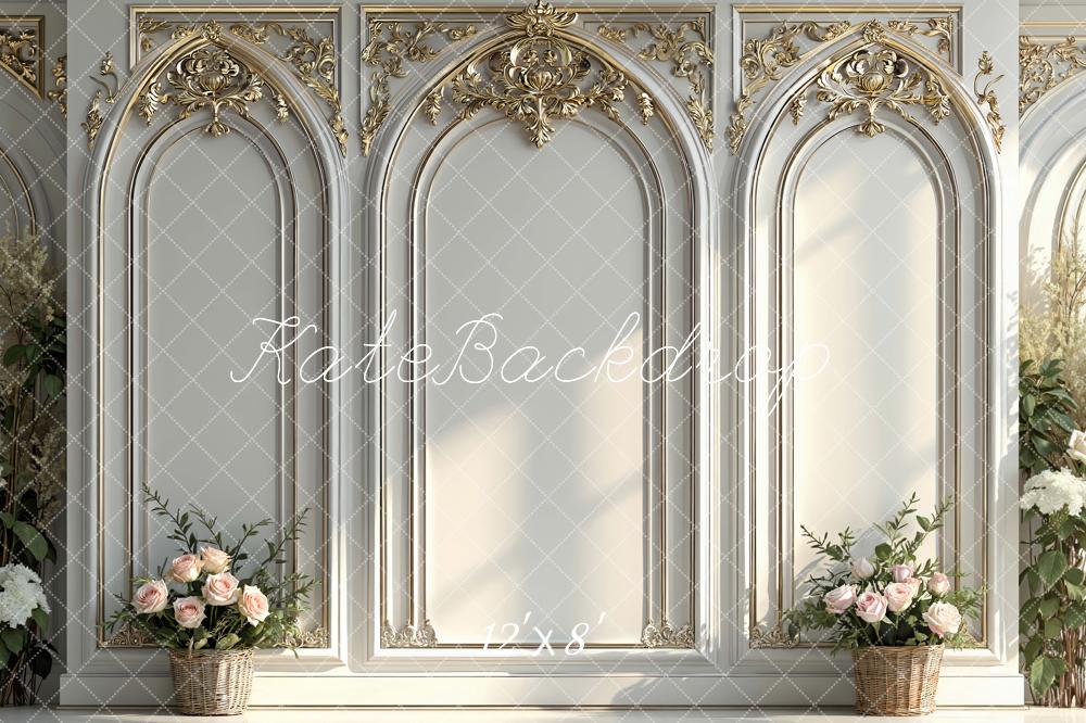 Kate White Gold Ornate Arch Wall With Flower Baskets Backdrop Designed by Mini MakeBelieve