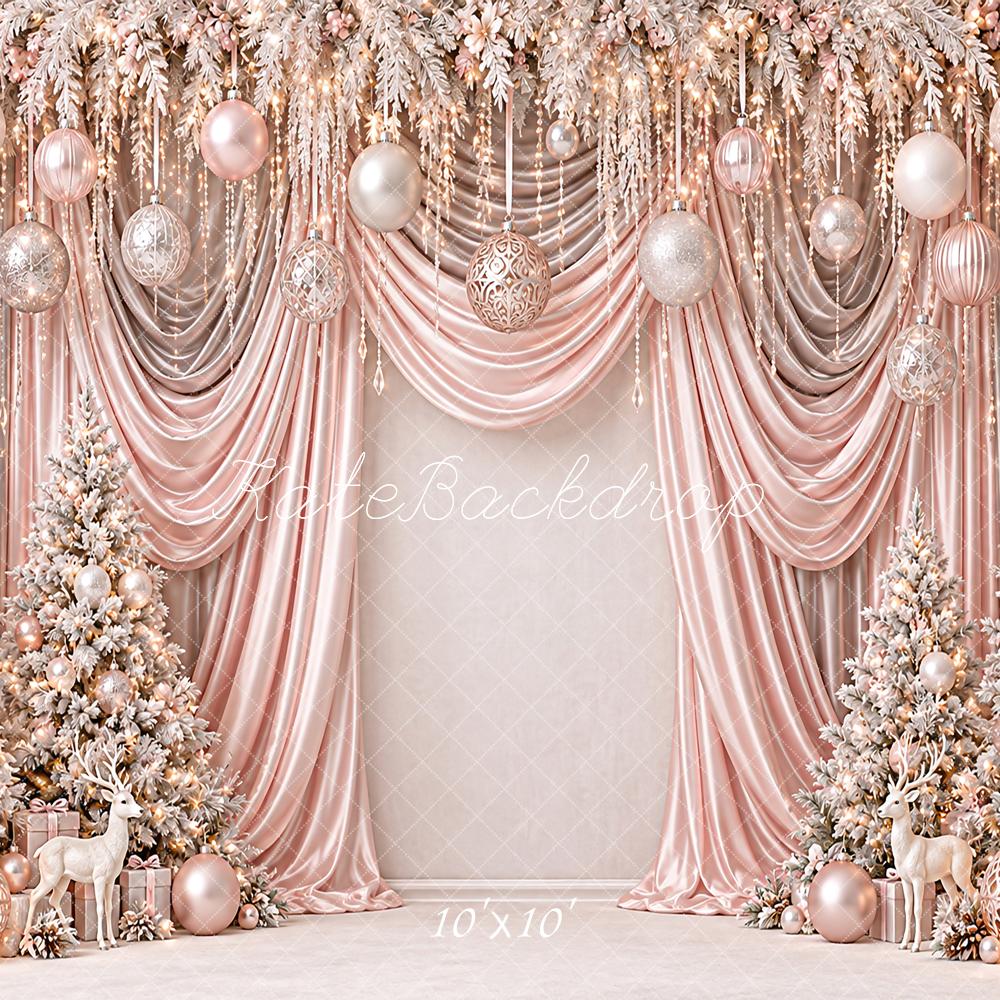 Kate Christmas Rose Gold Drapes Hanging Ornament Trees Luxury Printed Backdrop Designed by Angela Miller