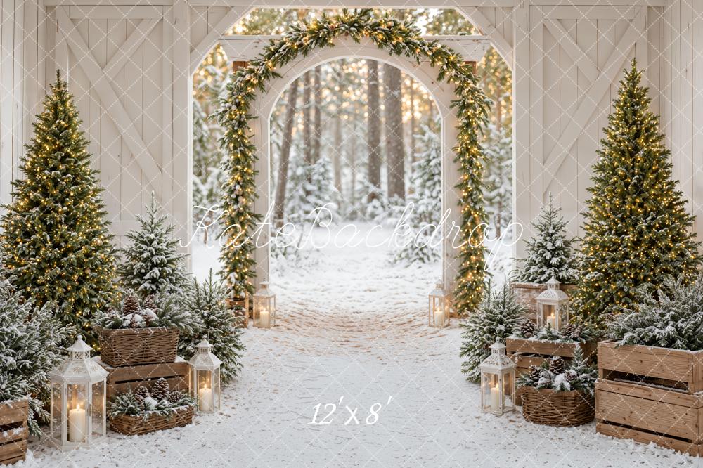 Kate Christmas Barn Arch Snowy Trees Lanterns Printed Backdrop Designed by Emetselch