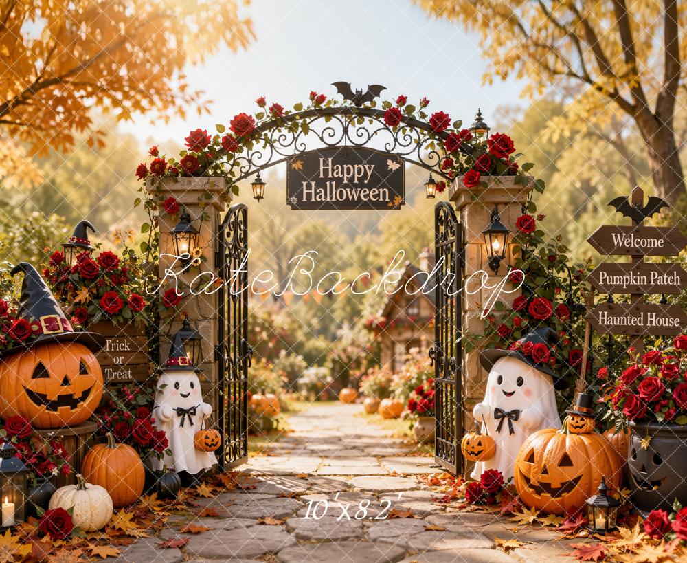 Kate Halloween Rose Garden Gate Ghosts Pumpkin Lanterns Printed Backdrop Designed by Emetselch