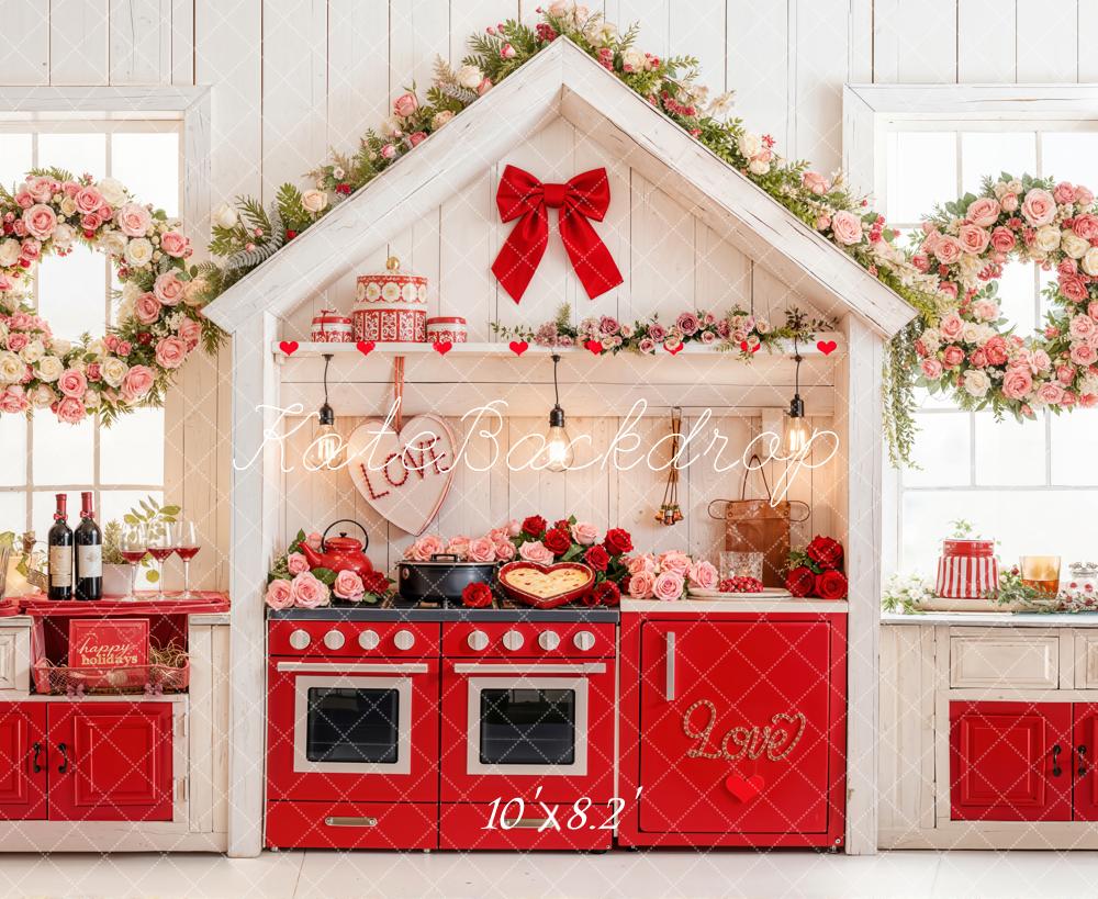 Kate Valentine's Day Kitchen Baking Red Roses Wreath Bow Backdrop Designed by Emetselch