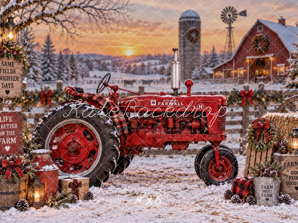 Kate Christmas Red Tractor Snowy Farm Rustic Printed Backdrop Designed by Laura Bybee