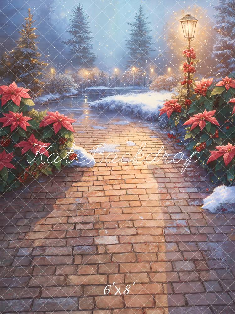 Kate Christmas Snowy Poinsettia Brick Pathway Backdrop Designed by Emetselch