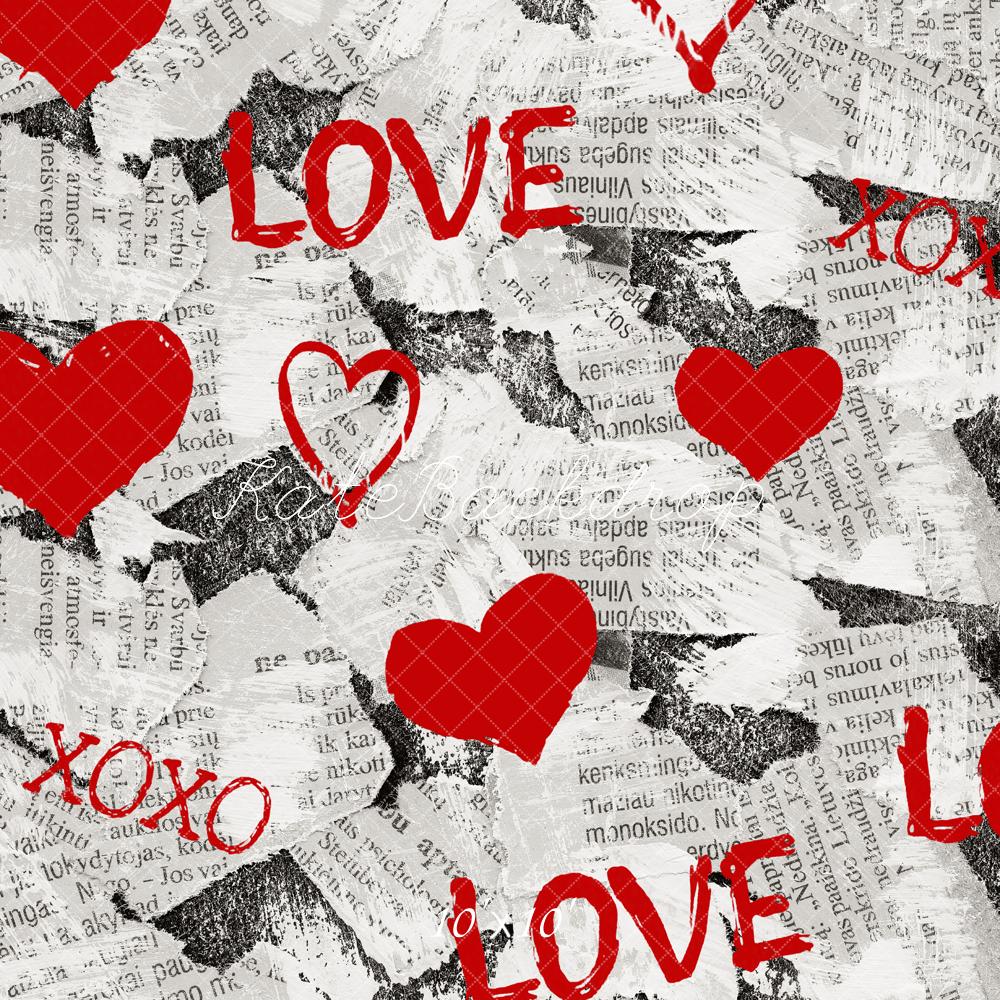 Kate Valentine's Day Red Hearts Graffiti Newspaper Collage Printed Backdrop Designed by Emetselch