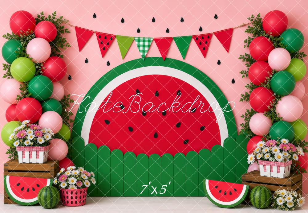 Kate Cake Smash Watermelon Balloons Flowers Crates Summer Printed Backdrop Designed by Shutter Swan Studios