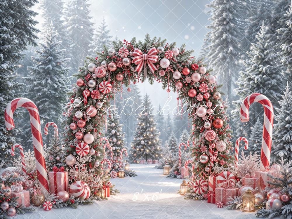 Kate Christmas Candy Arch Peppermint Gifts Snowy Forest Printed Backdrop Designed by Emetselch