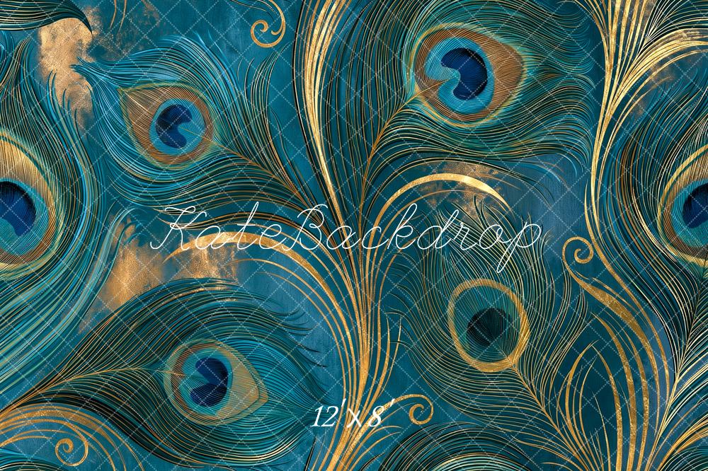 Kate Fine Art Teal Peacock Feather Gold Swirl Pattern Printed Backdrop Designed by Angela Miller