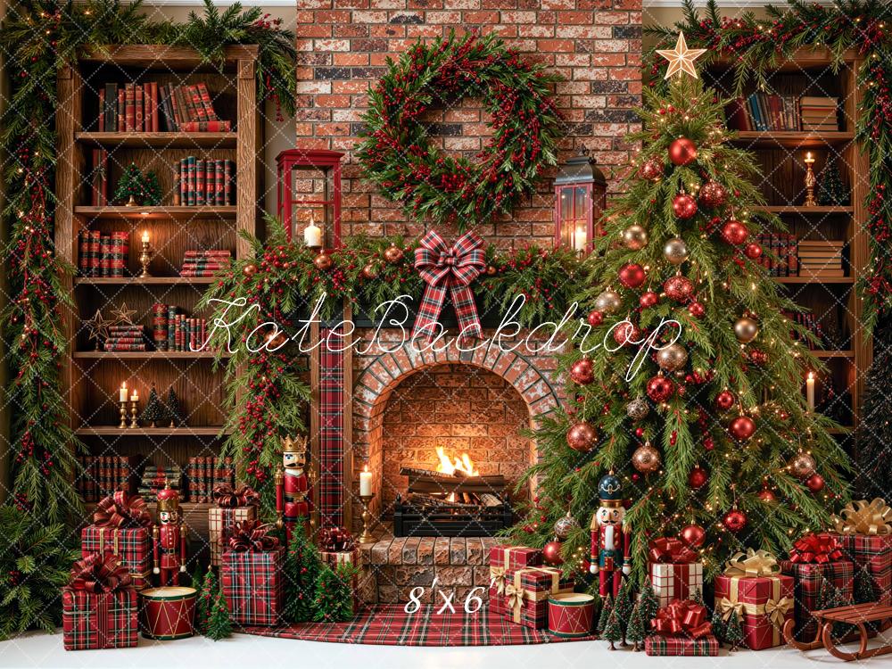 Kate Christmas Tree  Library Brick Fireplace Wreath Red Plaid Printed Backdrop Designed by Mini MakeBelieve
