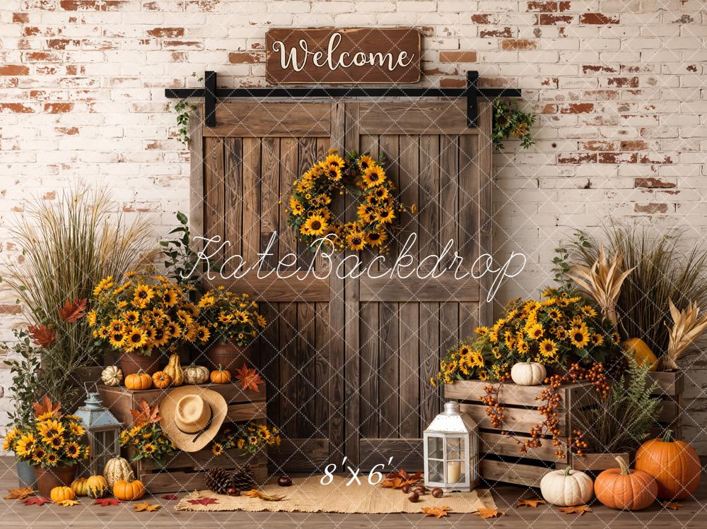 Kate Fall Sunflower Pumpkin Barn Door Rustic Printed Backdrop Designed by Emetselch