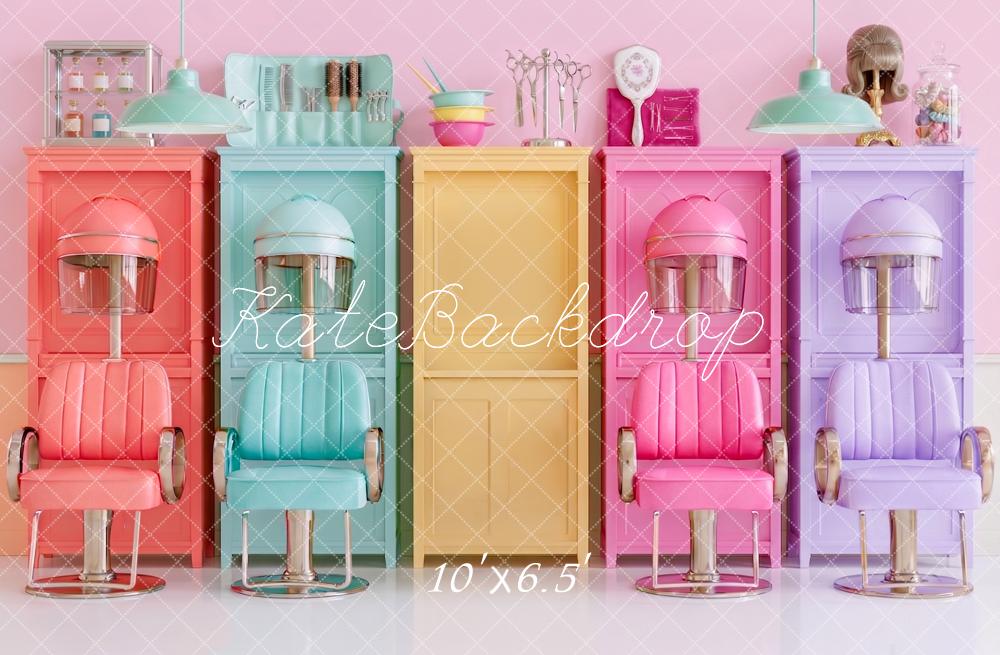 Kate Hair Salon Girls Colorful Beauty Chairs Cabinets Printed Backdrop Designed by Angela Miller