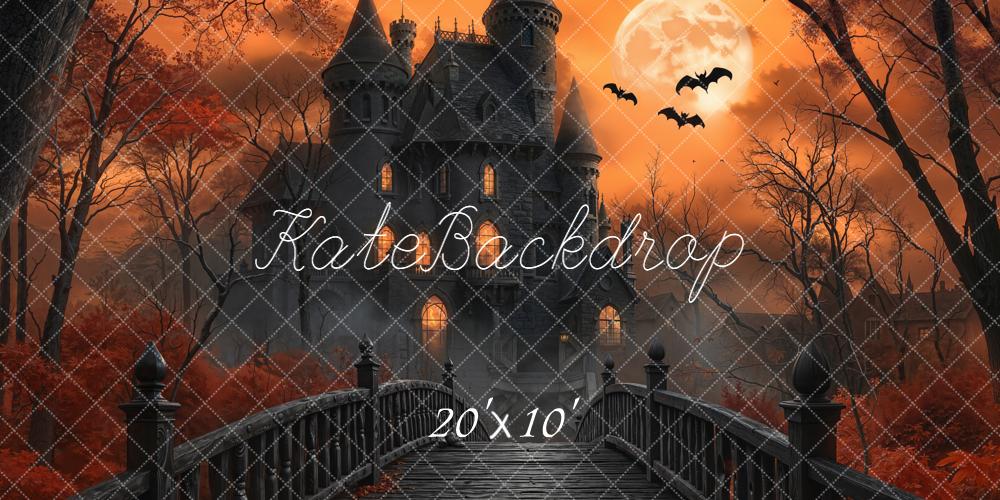 Kate Halloween Haunted Castle Bridge Full Moon Bats Orange Backdrop Designed by Emetselch