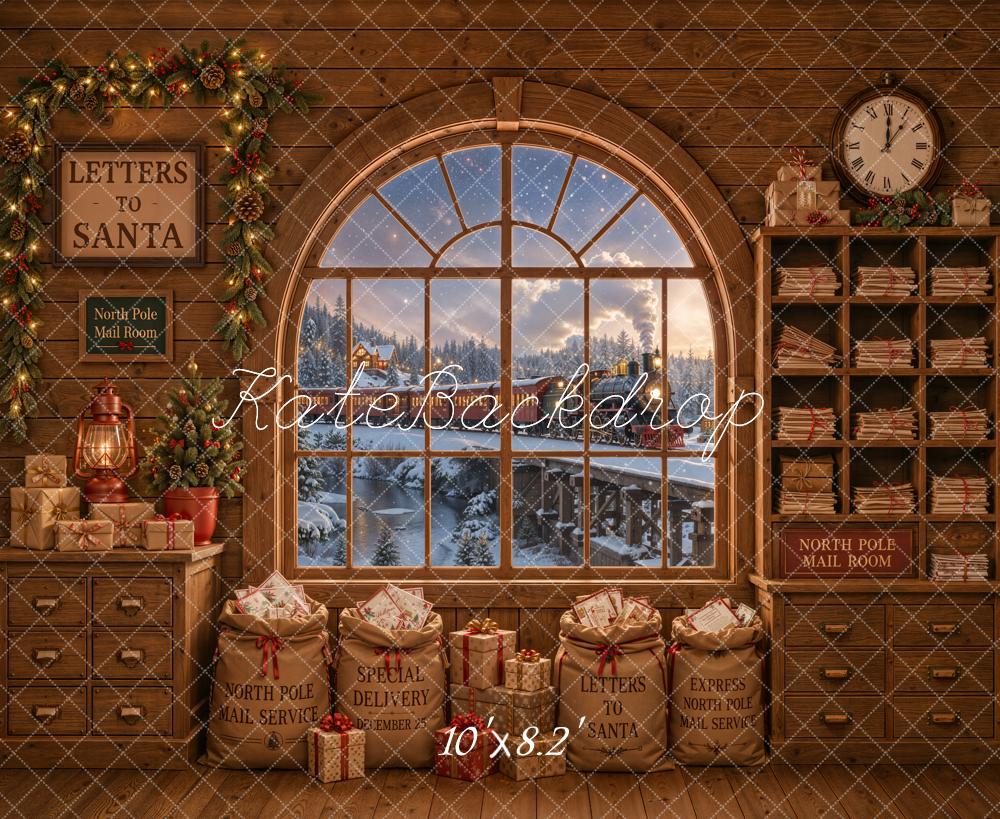 Christmas Workshop Polar Train North Pole Mail Room Window Letters To Santa Printed Backdrop Designed by Emetselch