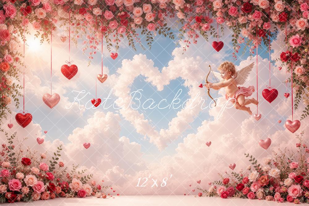 Kate Valentine's Day Cupid Roses Hearts Clouds Printed Backdrop Designed by Shutter Swan Studios