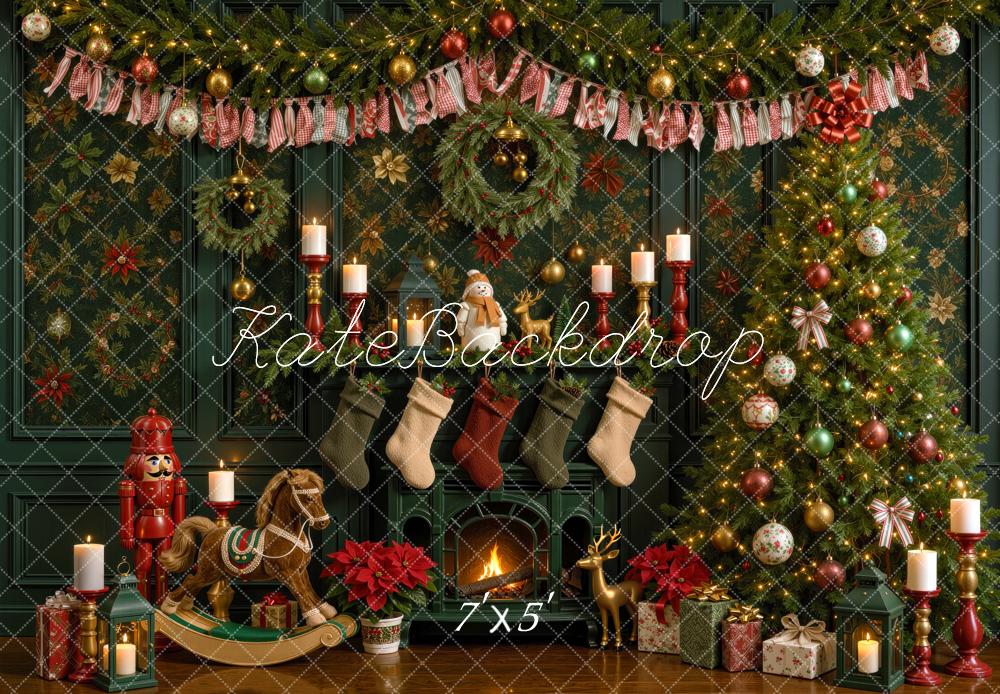 Kate Christmas Tree Green Fireplace Rocking Horse Printed Backdrop Designed by Mini MakeBelieve