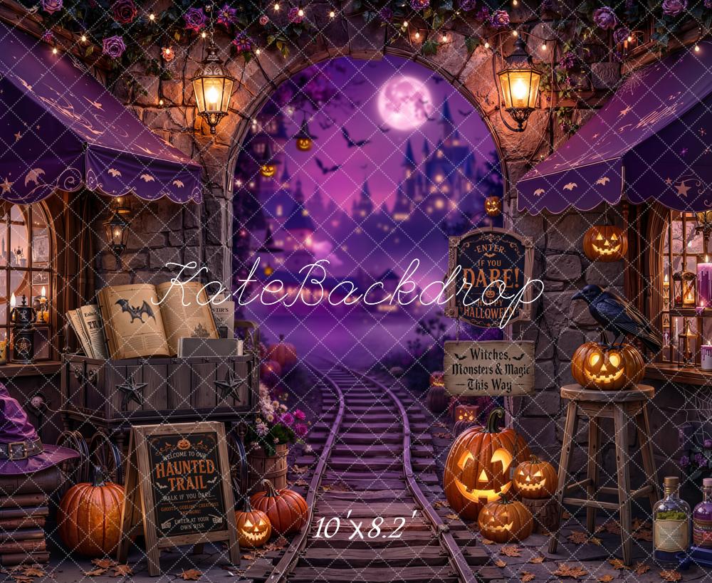 Kate Halloween Purple Haunted Train Station Witch Printed Backdrop Designed by Chain Photography