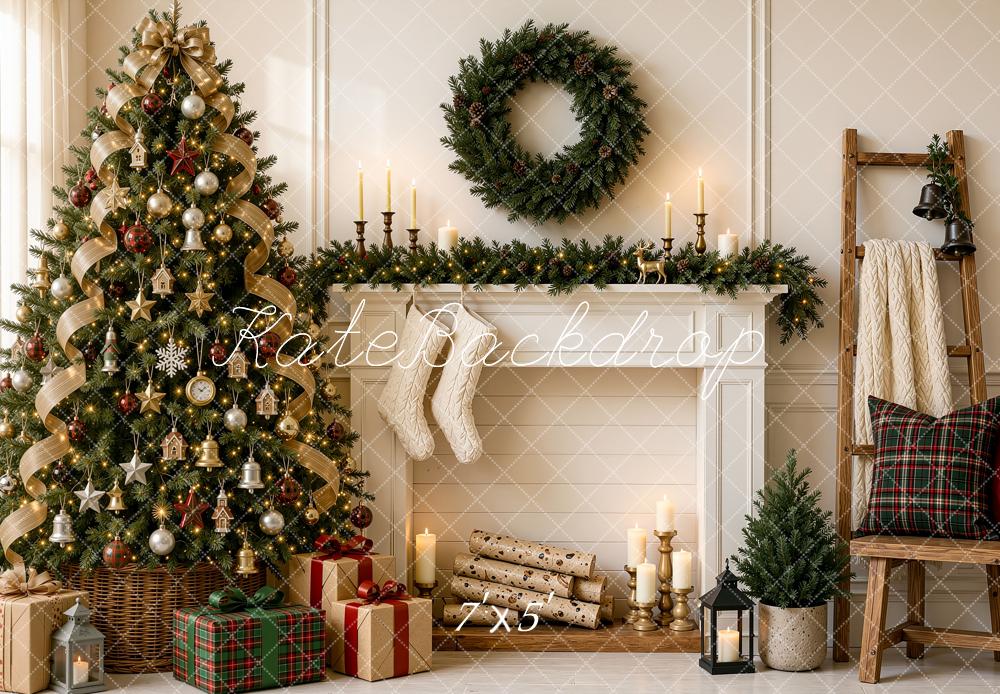 Kate Christmas Tree Fireplace Mantel Wreath Plaid Ladder Printed Backdrop Designed by Shutter Swan Studios