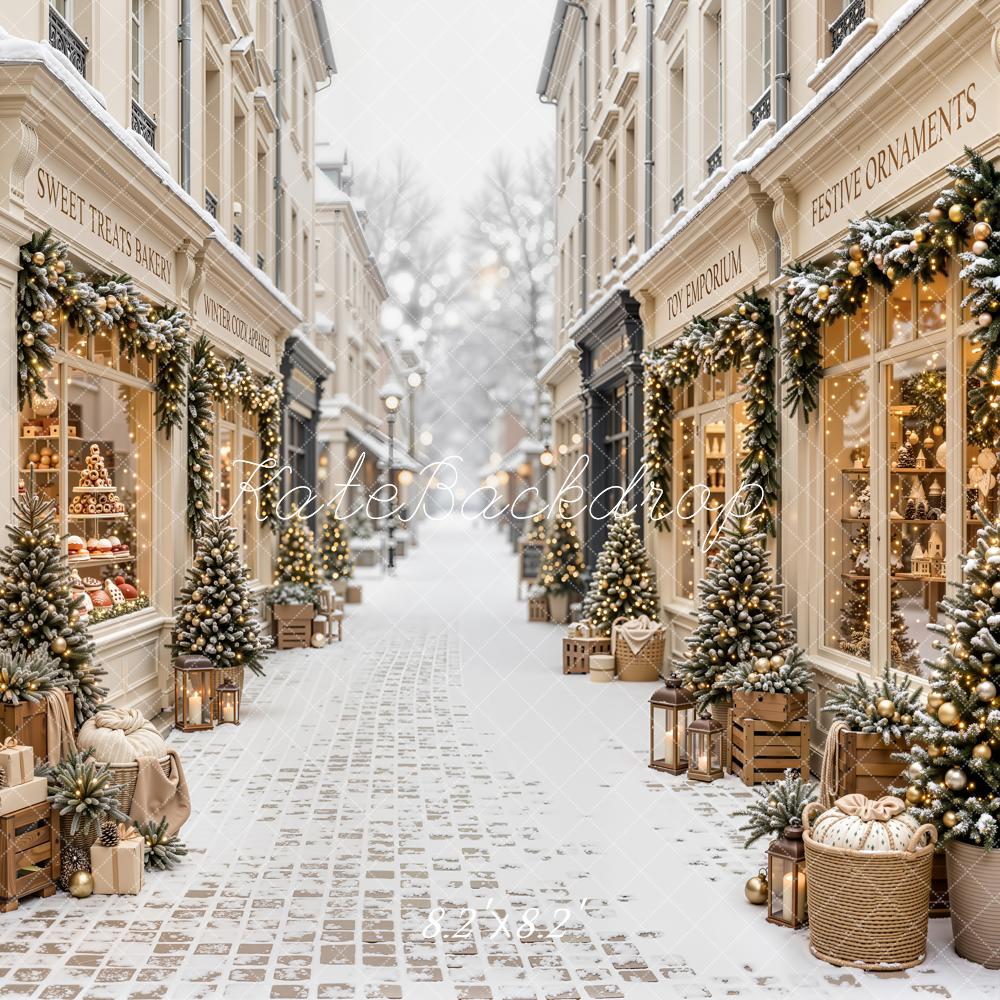 Kate Christmas Shop Snowy Street Garlands Presents Printed Backdrop Designed by Emetselch