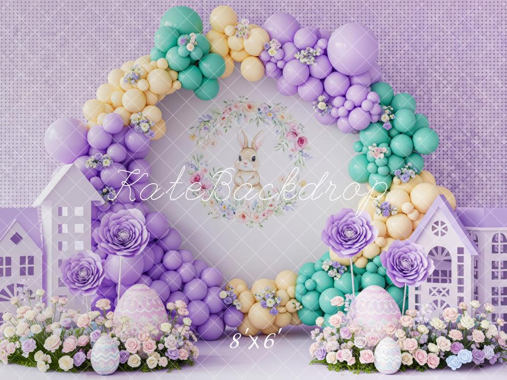 Kate Easter Bunny Balloon Arch Pastel Houses Printed Backdrop Designed by Patty Roberts