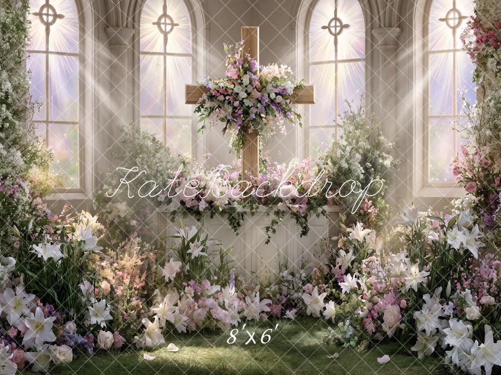 Kate Church Stage Cross Wedding Floral Window Printed Backdrop Designed by Angela Miller