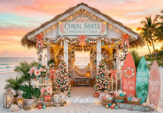 Kate Christmas Beach Cabana Surfboards Palm Trees Printed Backdrop Designed by Patty Roberts