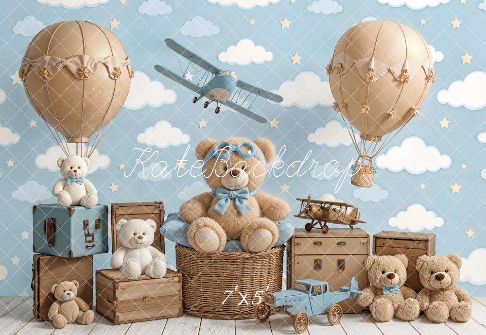 Kate Cake Smash Blue Teddy Bear Hot Air Balloon Airplane Clouds Backdrop Designed by Chain Photography